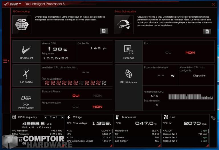 asus rog z390 maximus xi hero - accueil de l'AI suite