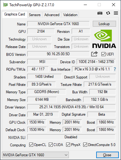 gpuz msi 1660 gaming x
