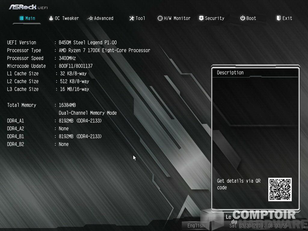 asrock b450m steel legend - accueil du bios