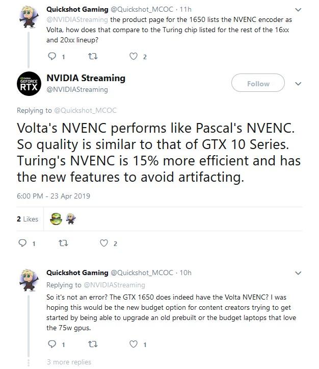 nvidia streaming twitter volta nvenc gtx 1650 t