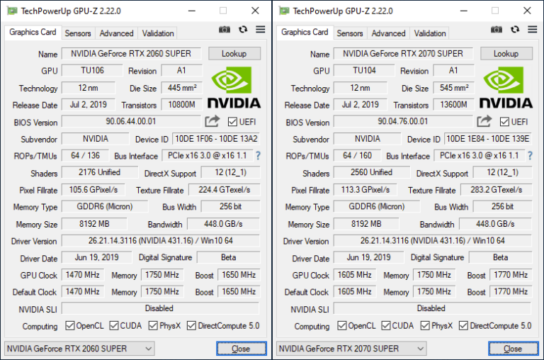 GPU-Z RTX 2060 SUPER & 2070 SUPER