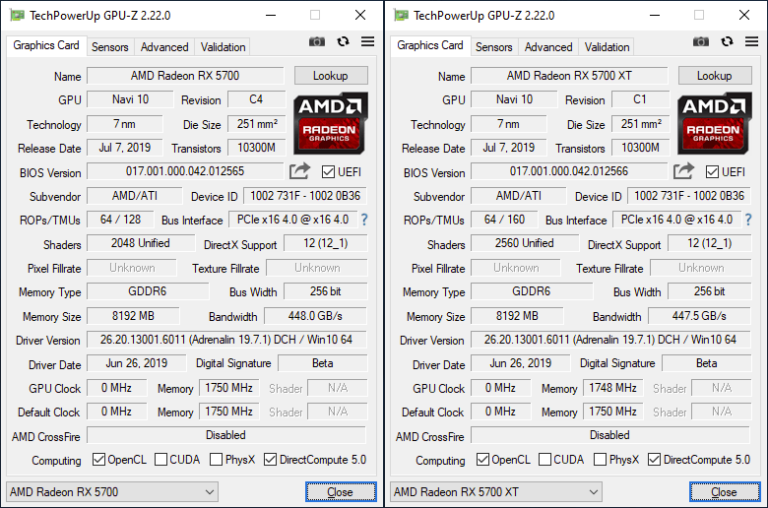 Caractéristiques des RX 5700 & 5700 XT