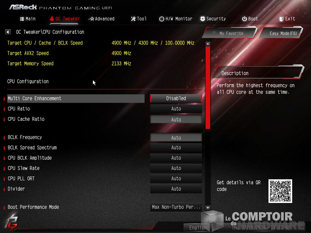 asrock z390 phantom gaming x bios - gestion du cpu via le bios
