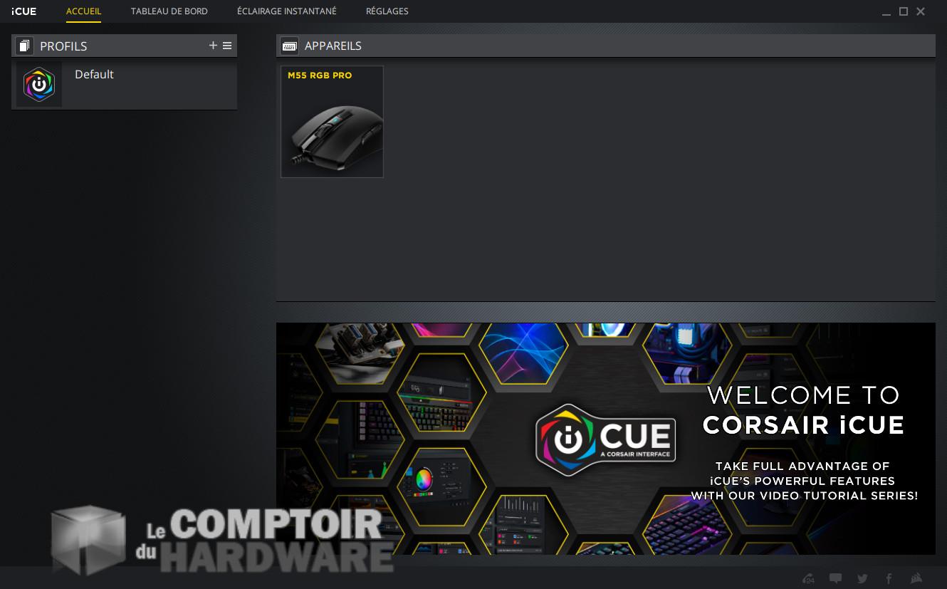 Corsair M55 RGB PRO : L'accueil iCUE