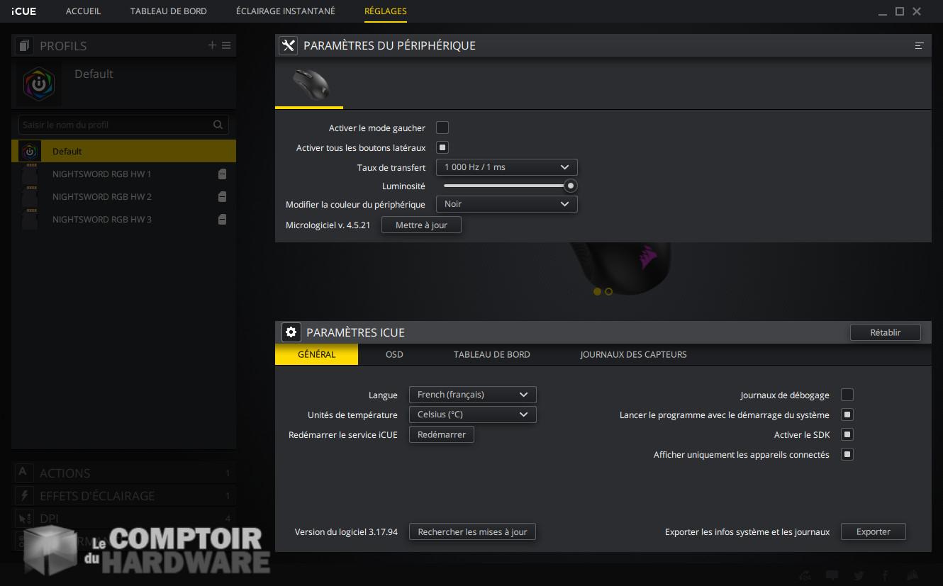 Corsair M55 RGB PRO : Réglage des paramêtres avancés
