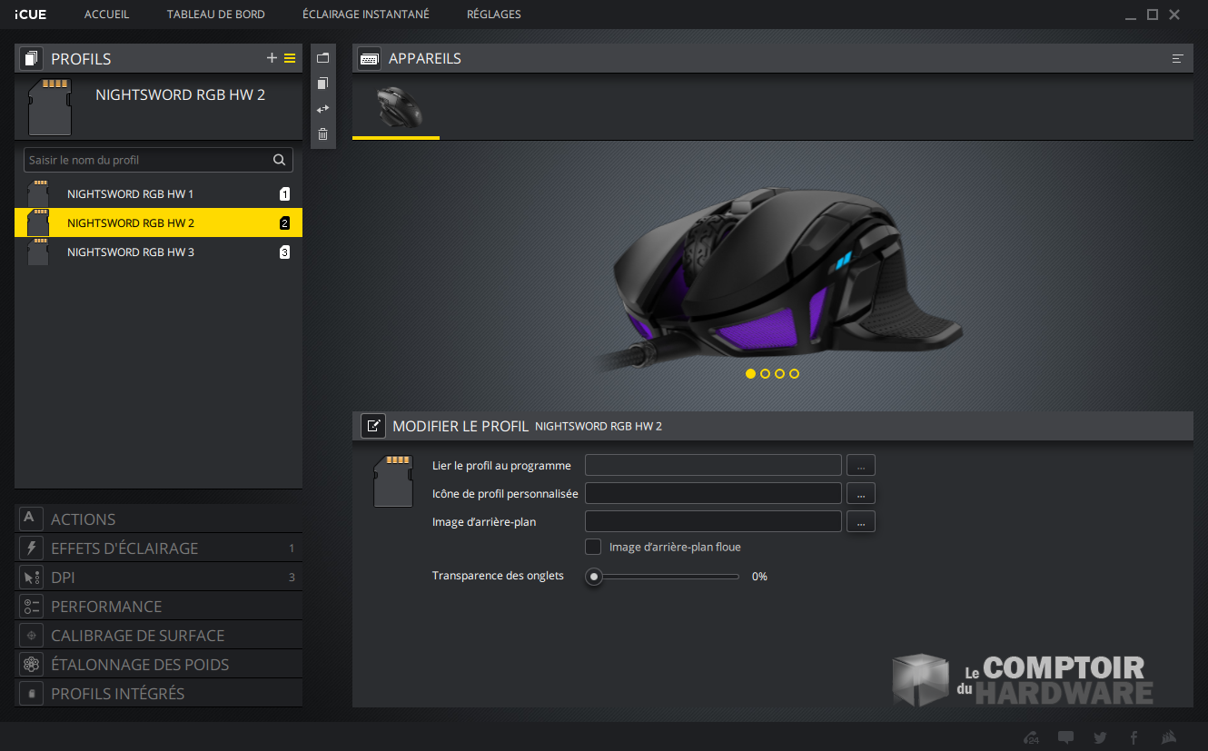 Corsair NIGHTSWORD RGB : iCUE, accueil