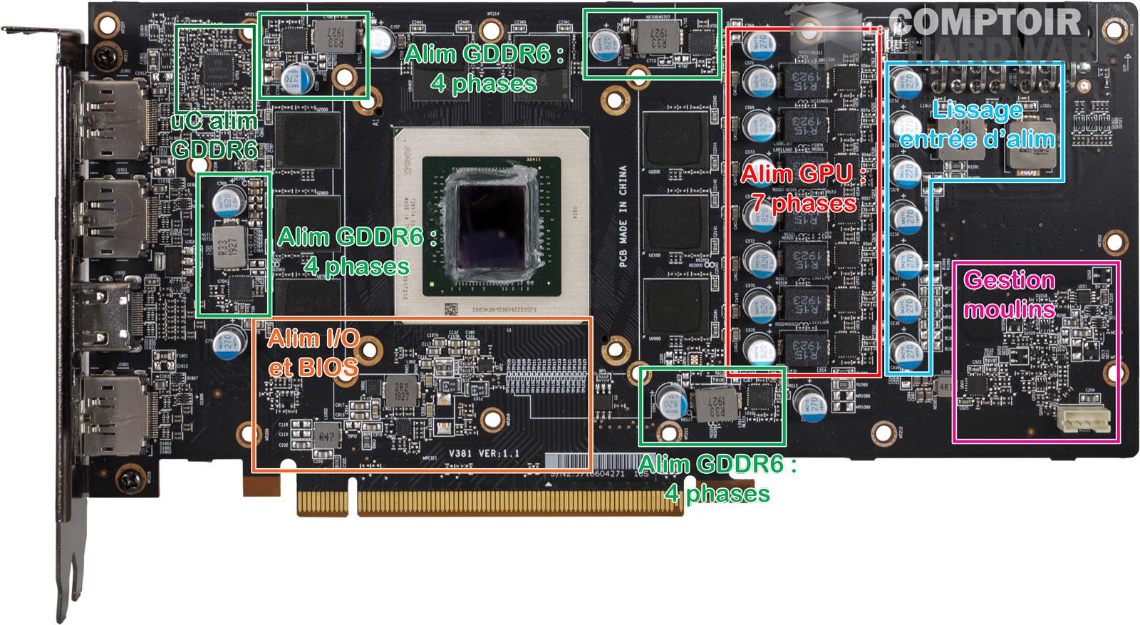 msi rx 5700 xt evoke - vue détaillée du pcb de face