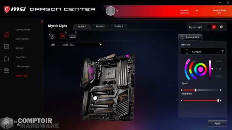 msi x570 meg ace - dragon center : mystic light