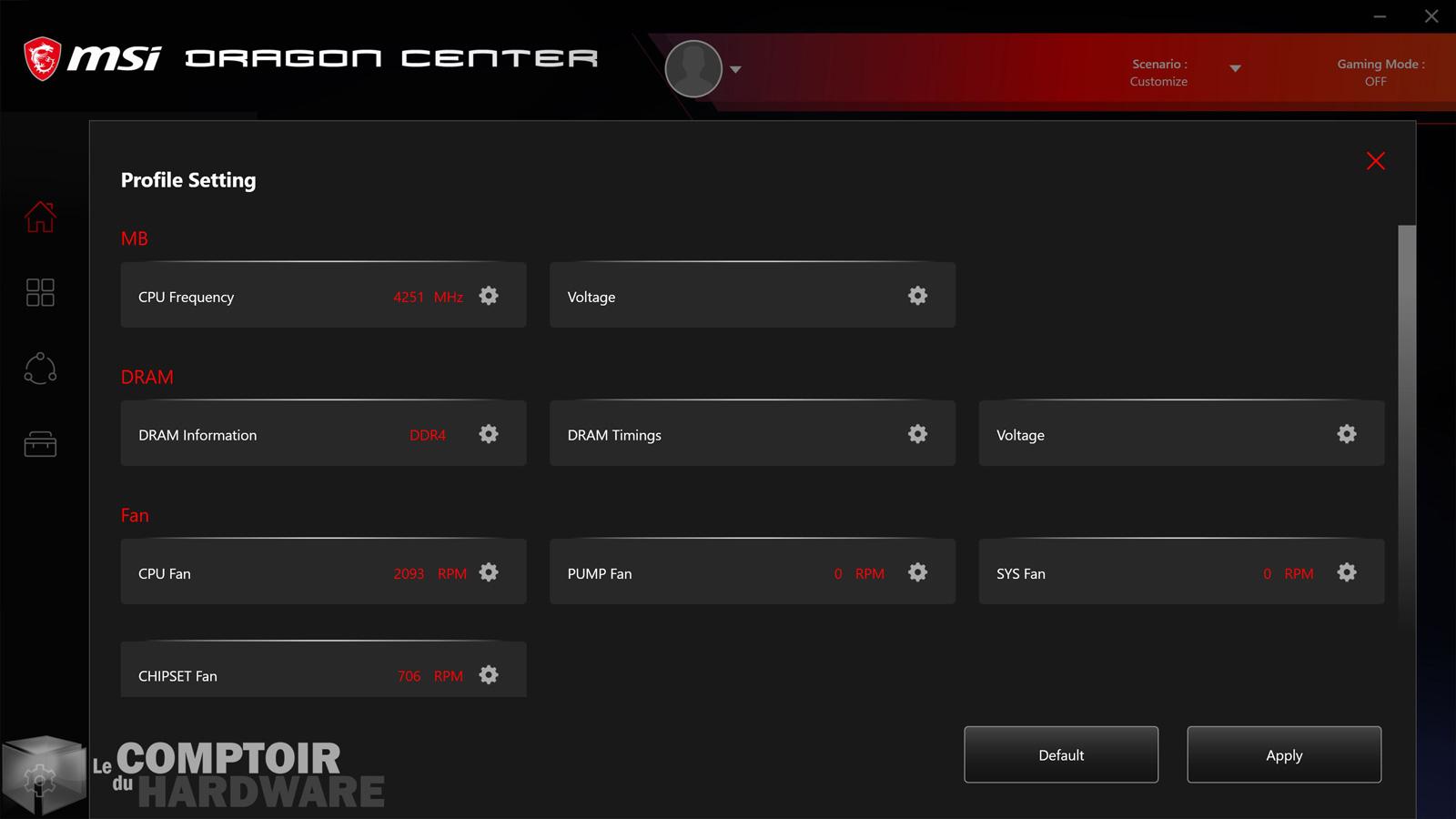 msi x570 meg unify - dragon center : gestion oc
