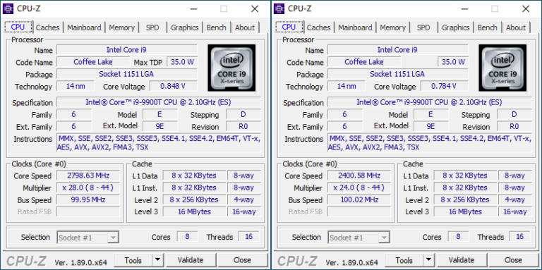 CPU-Z Core i9-9900T : PL1, PL2 & AVX