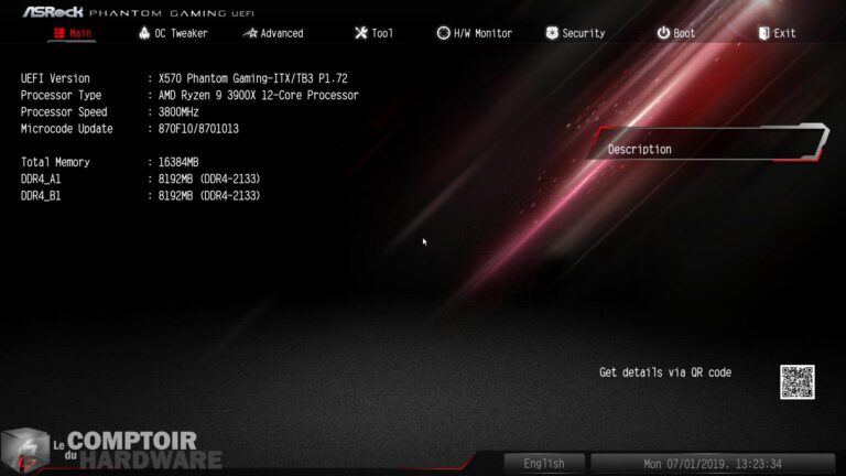 asrock phantom gaming itx accueil du BIOS