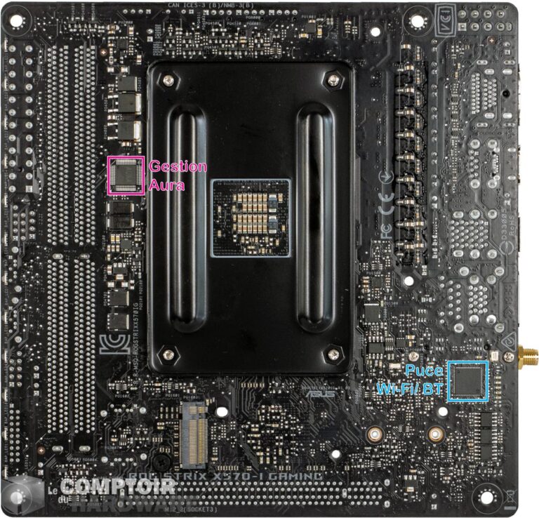 asus rog strix x570-i gaming - vue détaillée et de dos du pcb