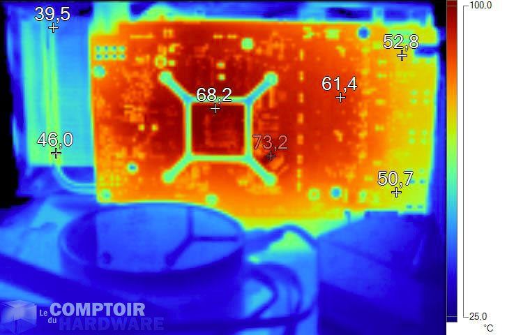 Image thermique de la Sapphire RX 5500 XT Pulse en charge sans plaque arrière