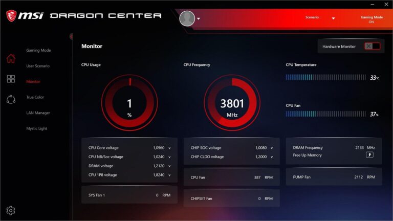 msi x570 meg unify - dragon center : interface de monitoring