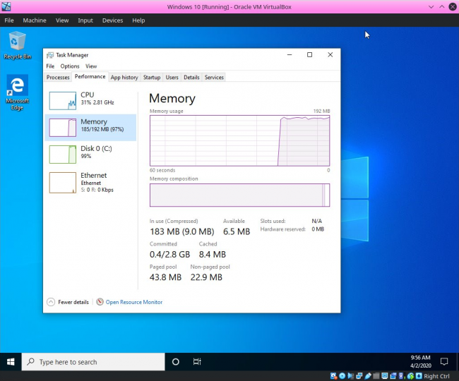 windows 10 192mo ram