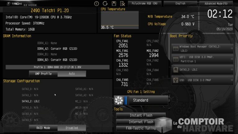 asrock z490 taichi - interface du bios en mode ez