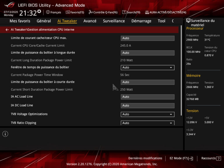 Activation d'Asus APE : limites de consommation actives