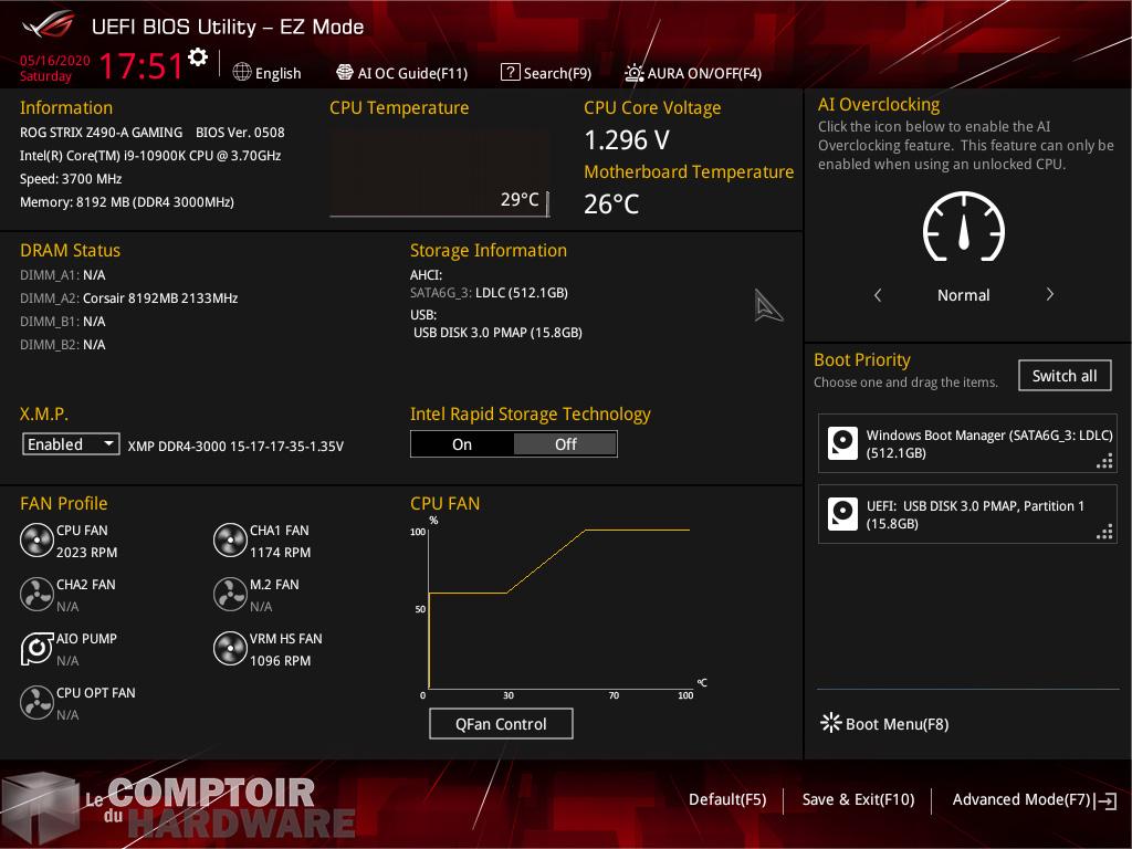 asus rog strix z490 a - interface du bios en mode ez