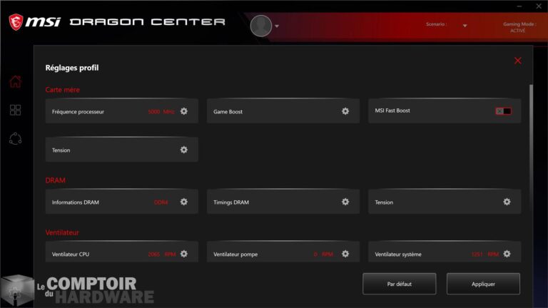 msi meg z490 godlike - dragon center : configuration du profil