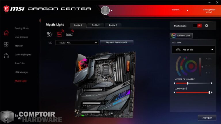 msi meg z490 godlike - dragon center : gestion du RGB