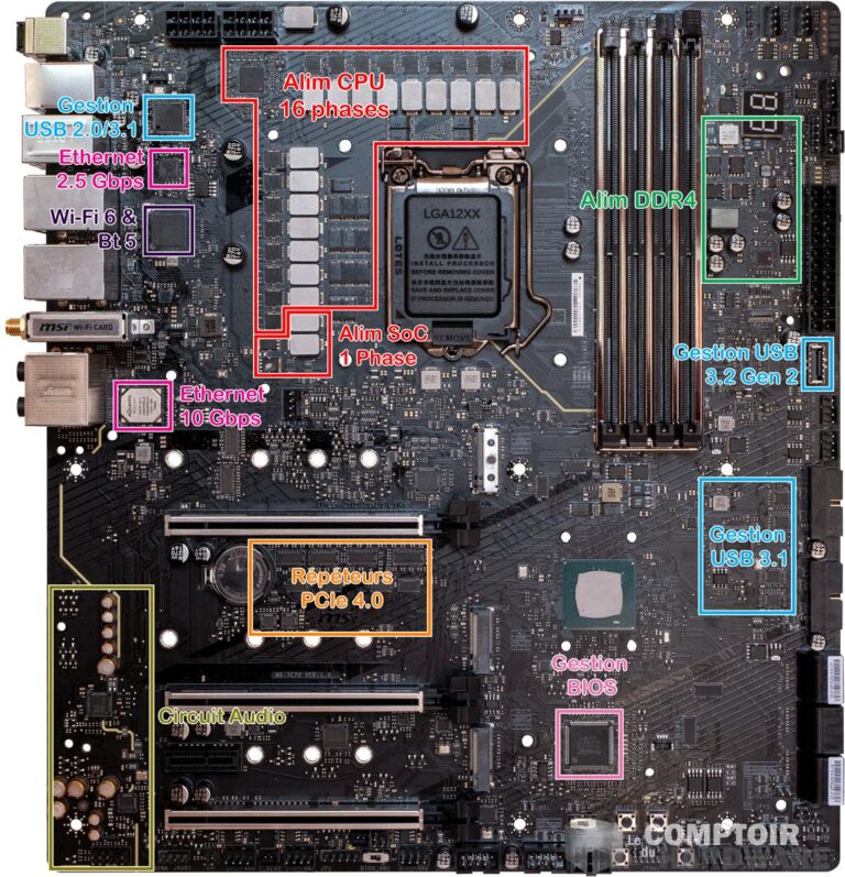 msi meg z490 godlike - vue de face et détaillée du pcb