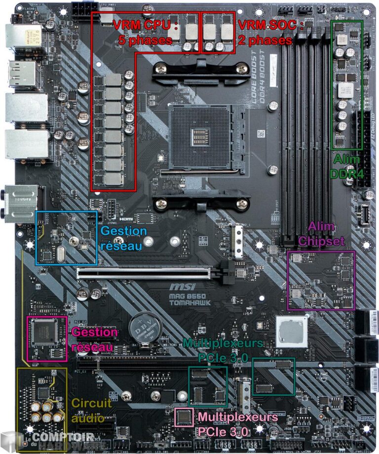 msi mag b550 tomahawk - vue détaillé du pcb : face