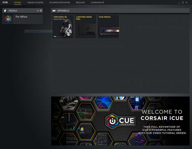 L'accueil du logiciel iCUE et vos périphériques compatibles
