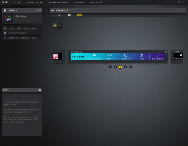 L'écran par défaut du casque Virtuose SE