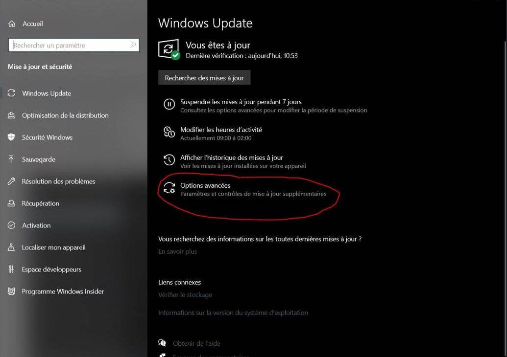 fonction d'arrêt des mises à jour, étape 1