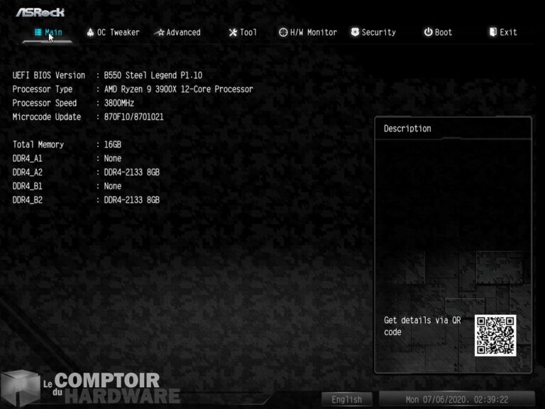asrock b550 steel legend - menu principal du bios