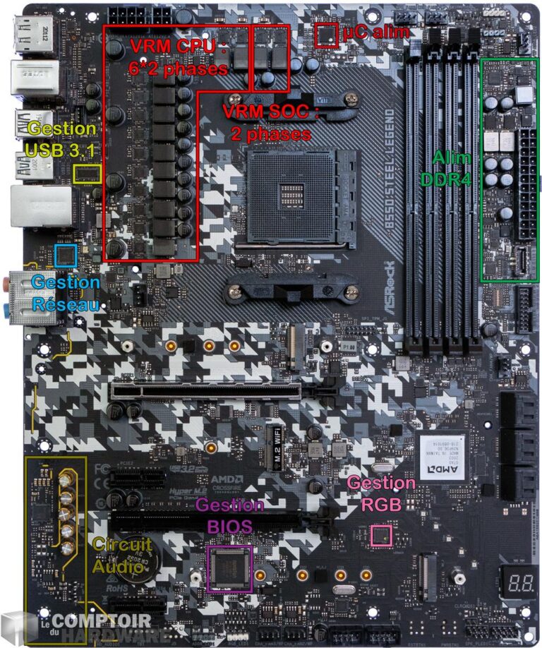 asrock b550 steel legend - vue détaillée du pcb de face