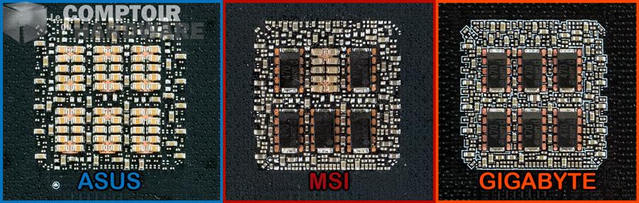 comparaison des circuits de découplage des 3 cartes testées par le comptoir