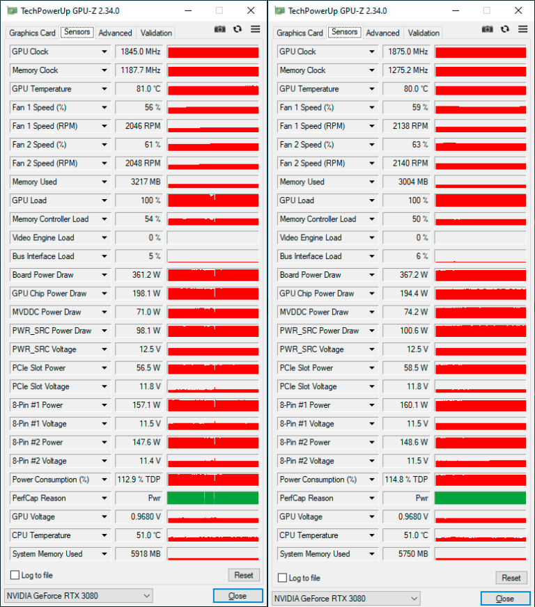 GPU-Z : 3080 à TGP 370 W puis à droite après overclocking