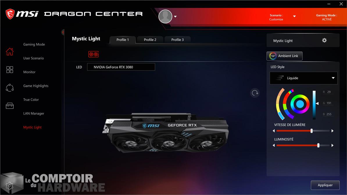 msi rtx 3080 gaming x trio - dragon center : gestion du RGB