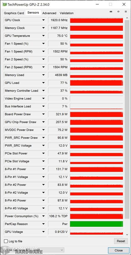 msi rtx 3080 gaming x trio - sonde gpu-z en charge