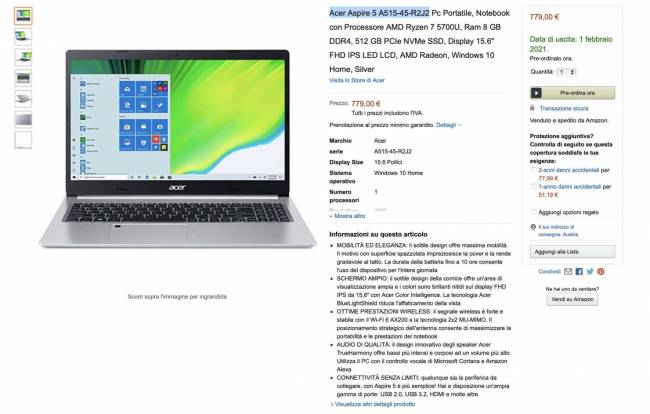 acer aspire a515 ryzen5000u amazon