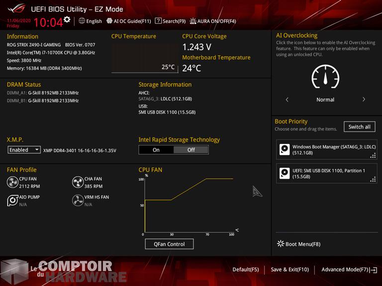 asus rog strix z490-i - interface du bios en ez-mode
