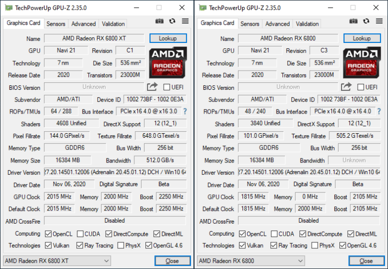 GPU-Z Radeon RX 6800 & 6800 XT