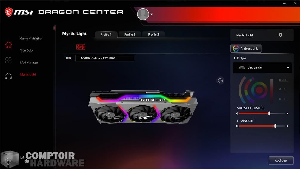 msi rtx 3090 suprim x - dragon center : mystic light