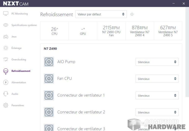 nzxt n7 z490 - application CAM : ventilation