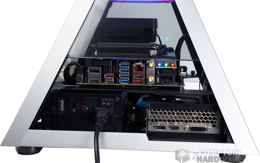 La partie arrière avec l'alimentation, la connectique de la carte mère et le GPU