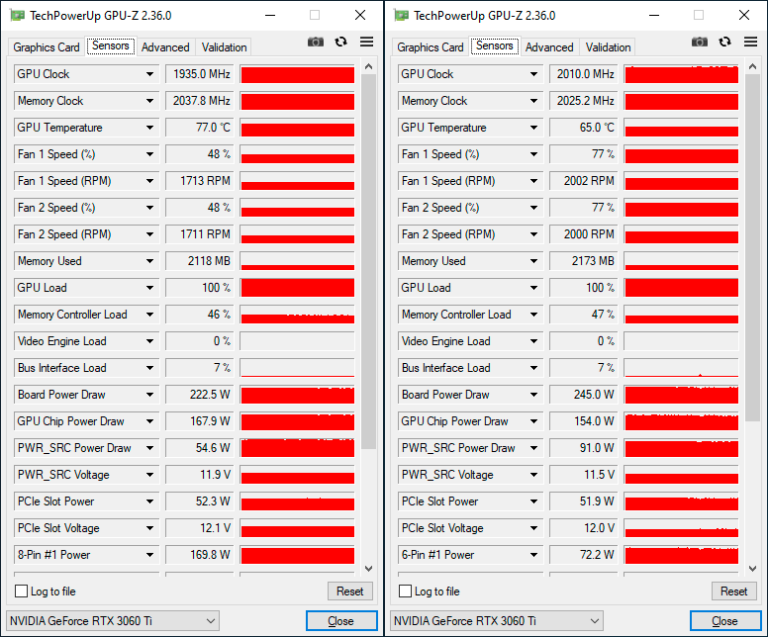 GPU-Z GeForce RTX 3060 Ti oveclockées : à gauche la FE à droite la Gaming Pro de Gigabyte