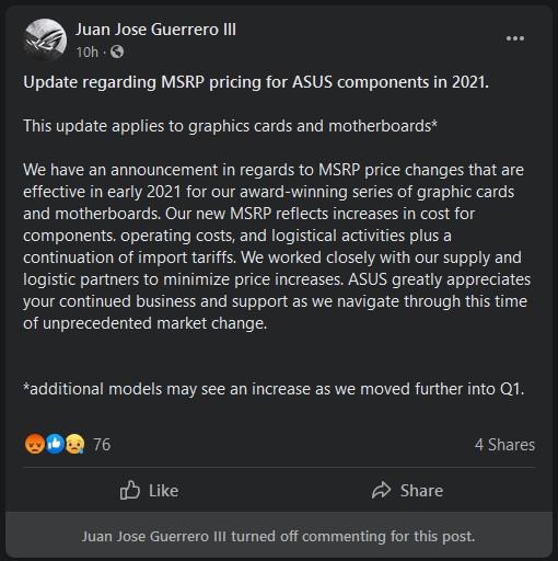 asus marketing manager annonce hausse prix 2021