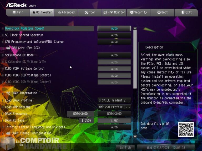 asrock x570 taichi razer edition - bios : réglages d'oc
