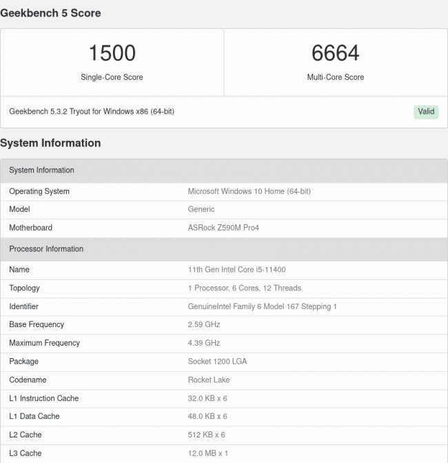 11400 geekbench leak