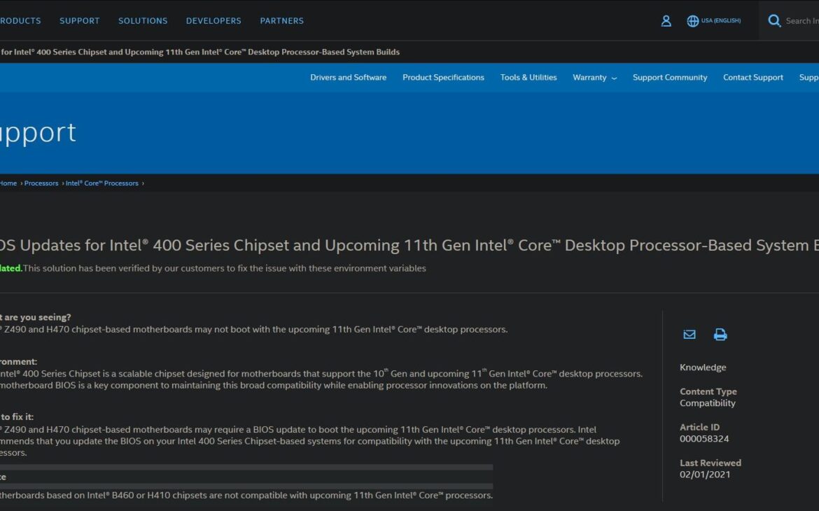 Pas de Rocket Lake pour B460 et H410...