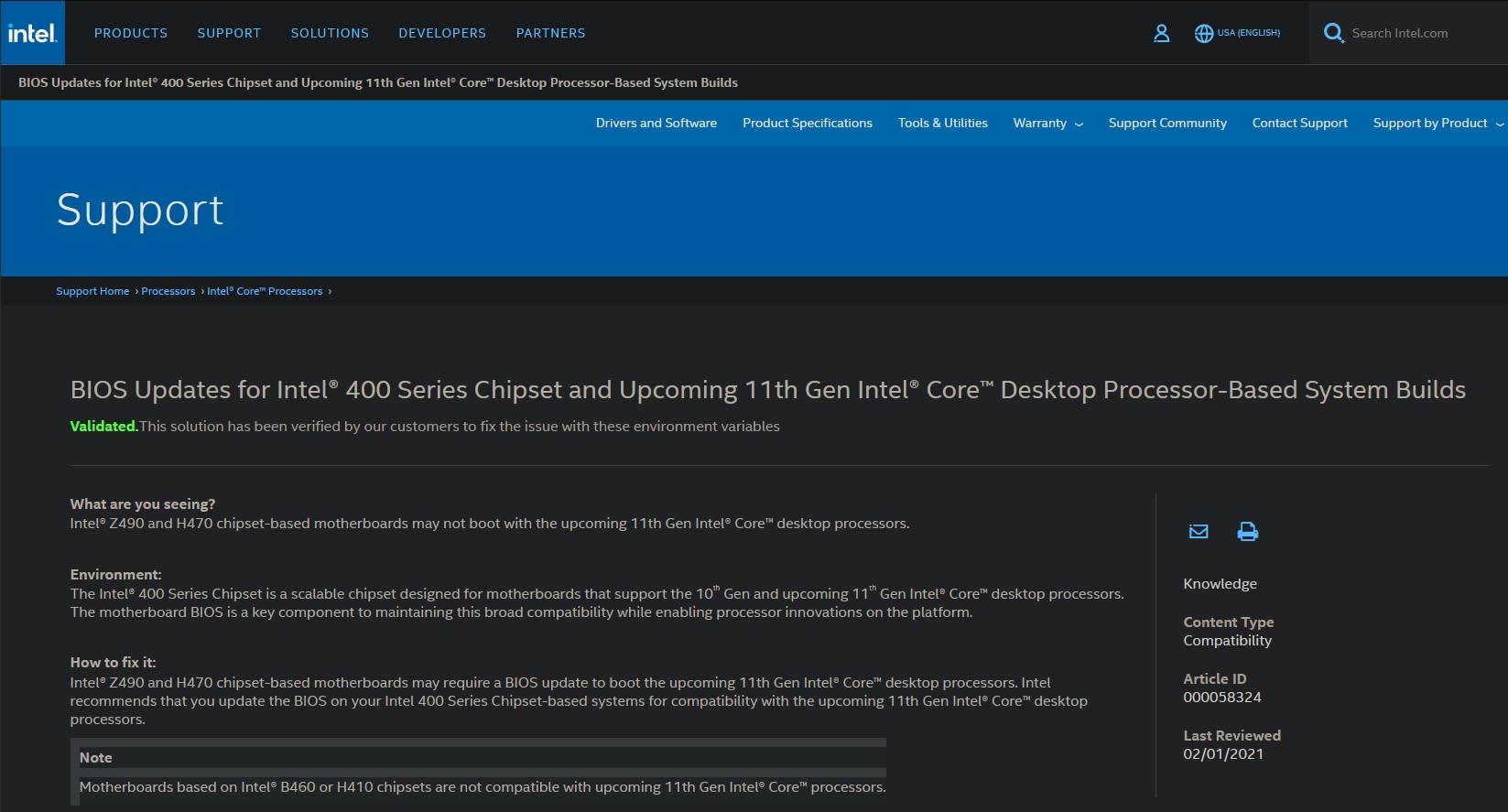 Pas de Rocket Lake pour B460 et H410...