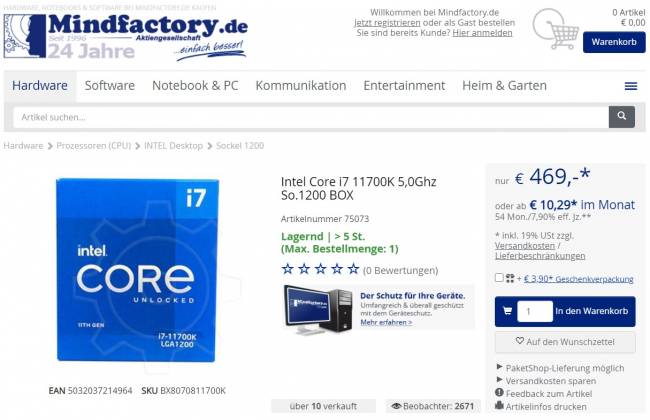 mindfactory 11700k rocket lake