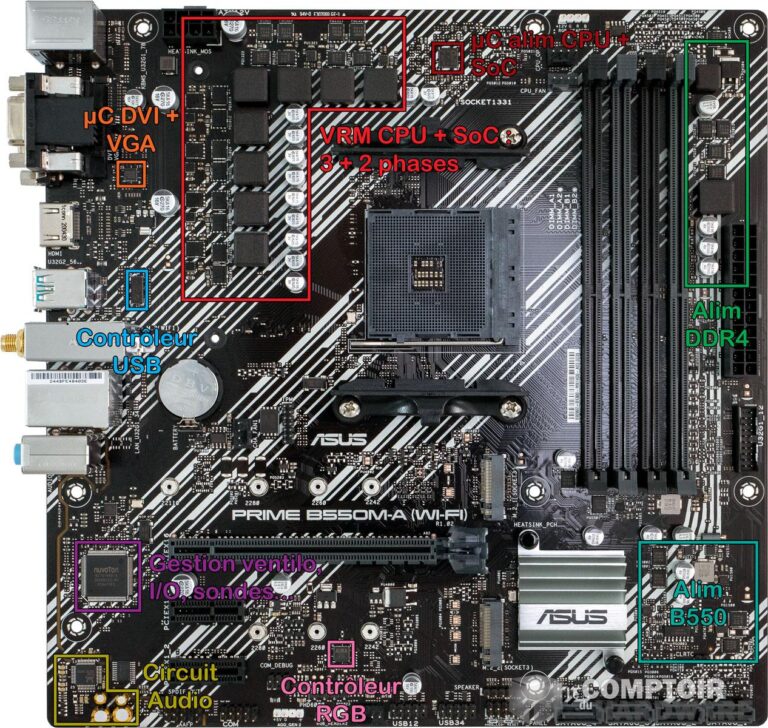 asus prime b550m-a - vue détaillée du pcb : face avant
