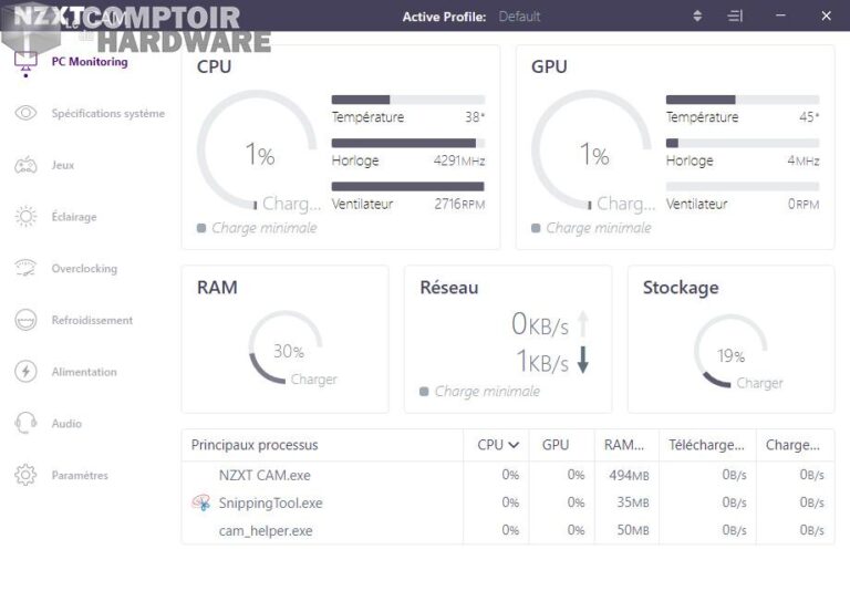nzxt n7 b550 - logiciel CAM : accueil